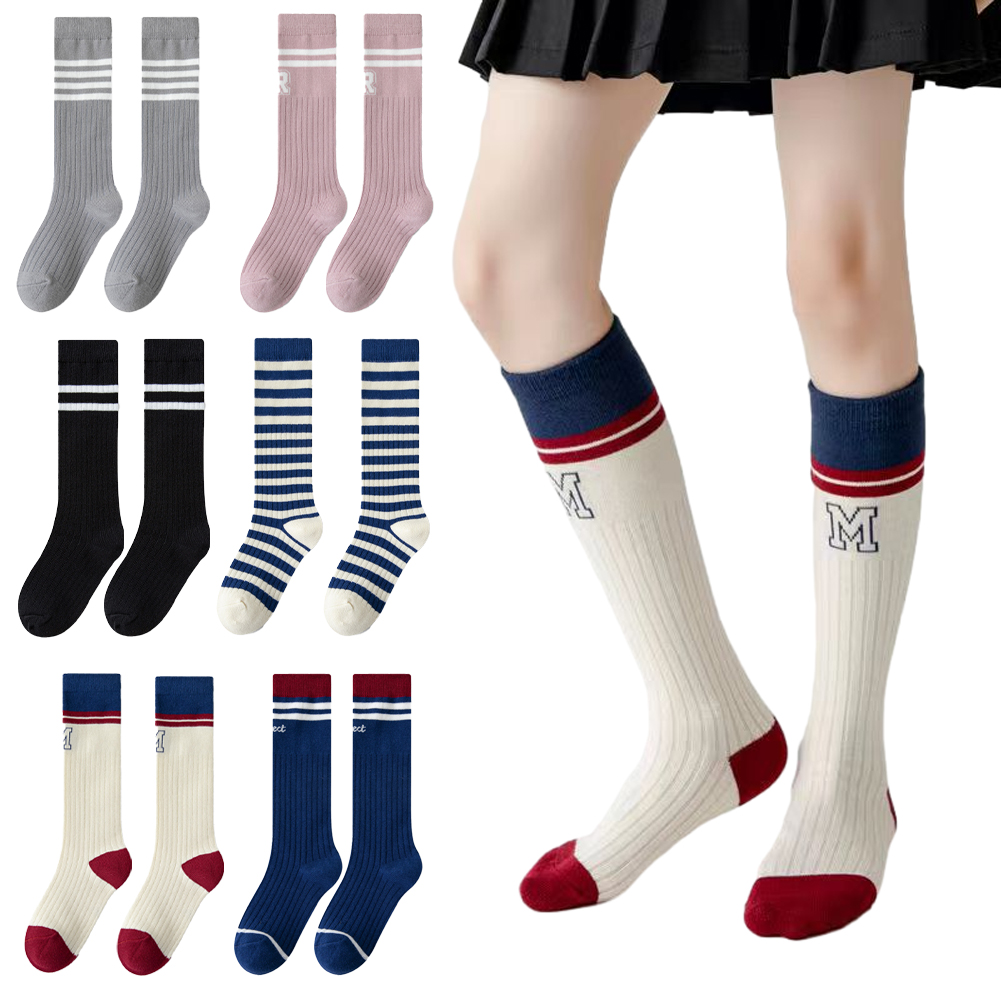 Esaierr 3-12 Years Kids Baby Girls Knee High Socks Girls Cute Cotton Socks Striped Letters Calf Socks Toddler Thigh High Socks 2 Pairs